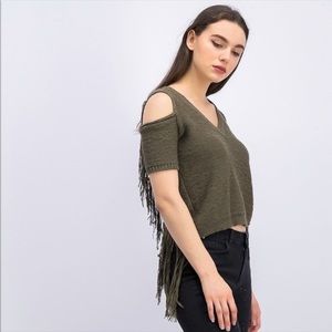 BCBG MaxAzria Olive Green Knit Cold Shoulder Top XS